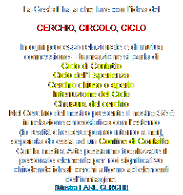 Casella di testo: La Gestalt ha a che fare con lidea del

CERCHIO, CIRCOLO, CICLO

In ogni processo relazionale e di mutua connessione  transazione si parla di
Ciclo di Contatto
Ciclo dellEsperienza
Cerchio chiuso o aperto
Interruzione del Ciclo
Chiusura del cerchio
Nel Cerchio del nostro presente il nostro S   in relazione omeostatica con lesterno 
(la realt che percepiamo intorno a noi), separata da essa ad un Confine di Contatto.
Con la nostra Arte possiamo focalizzare il personale elemento per noi significativo chiudendo ideali cerchi attorno ad elementi dellimmagine. 
(Mostra FARE CERCHI)

