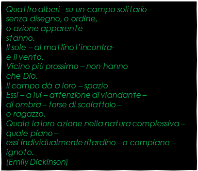 Casella di testo: Quattro alberi - su un campo solitario 
senza disegno, o ordine,
o azione apparente
stanno.
Il sole  al mattino lincontra-
e il vento.
Vicino pi prossimo  non hanno
che Dio.
Il campo d a loro  spazio
Essi  a lui  attenzione di viandante 
di ombra  forse di scoiattolo 
o ragazzo.
Quale la loro azione nella natura complessiva  
quale piano  
essi individualmente ritardino  o compiano 
ignoto.
(Emily Dickinson)

